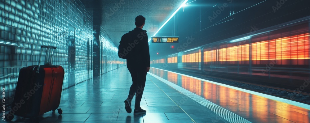 Obraz premium Traveler waiting at modern train station platform.