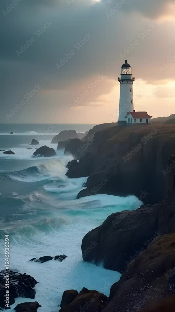 A stunning lighthouse stands atop rugged cliffs, surrounded by crashing waves and dramatic skies, capturing the beauty of coastal serenity at dusk A stunning lighthouse stands atop rugged cliffs, surrounded by crashing waves and dramatic skies, capturing the beauty of coastal serenity at dusk