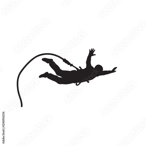 Silhouette vector illustration of a bungee jumper mid-fall on a white background