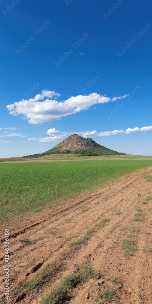 A mountain is in the background of a field with a clear blue sky. The sky is dotted with clouds, and the field is lush and green