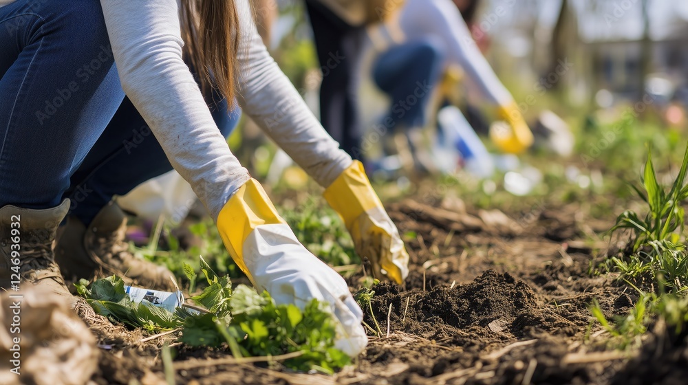 Naklejka premium Group of adults gardening in sunlit community garden setting