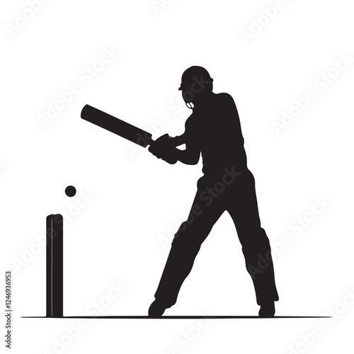 Silhouette vector illustration of a cricket batsman hitting a ball on a white background