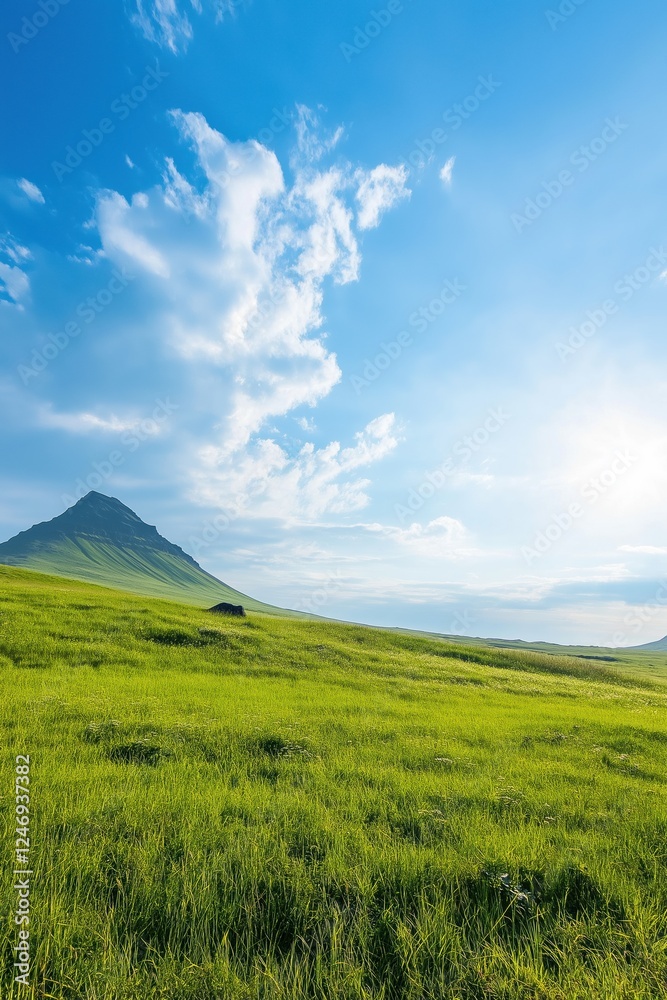 A large mountain is in the background of a field of green grass. The sky is clear and blue, with a few clouds scattered throughout. The sun is shining brightly, casting a warm glow over the landscape A large mountain is in the background of a field of green grass. The sky is clear and blue, with a few clouds scattered throughout. The sun is shining brightly, casting a warm glow over the landscape