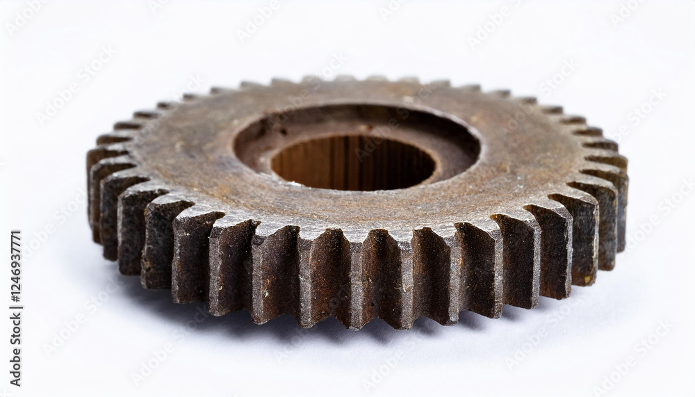 Aged industrial gear wheel with a rough texture. Vintage metal cog. Isolated on white backdrop. Aged industrial gear wheel with a rough texture. Vintage metal cog. Isolated on white backdrop.