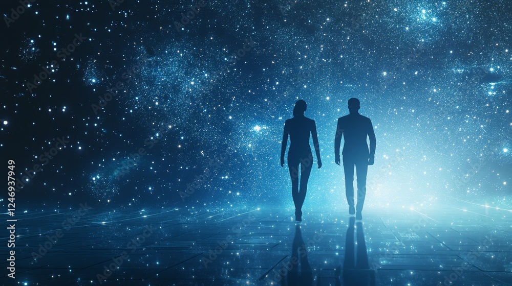 Fototapeta premium Two figures walking in a cosmic landscape.
