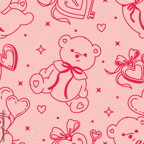 Adorable pink seamless pattern with charming bears, hearts, and lockets. Romantic, girly background. Flirty line art vector graphic