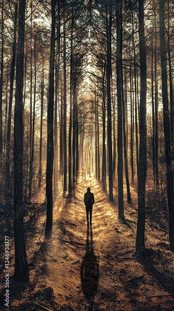 Fototapeta premium Solitary figure walking through a sunlit forest path nature landscape tranquil atmosphere