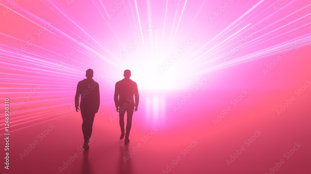 Two figures walking towards a bright light. Two figures walking towards a bright light.