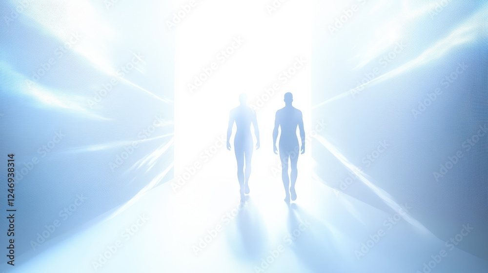 Two figures walking towards a bright light. Two figures walking towards a bright light.