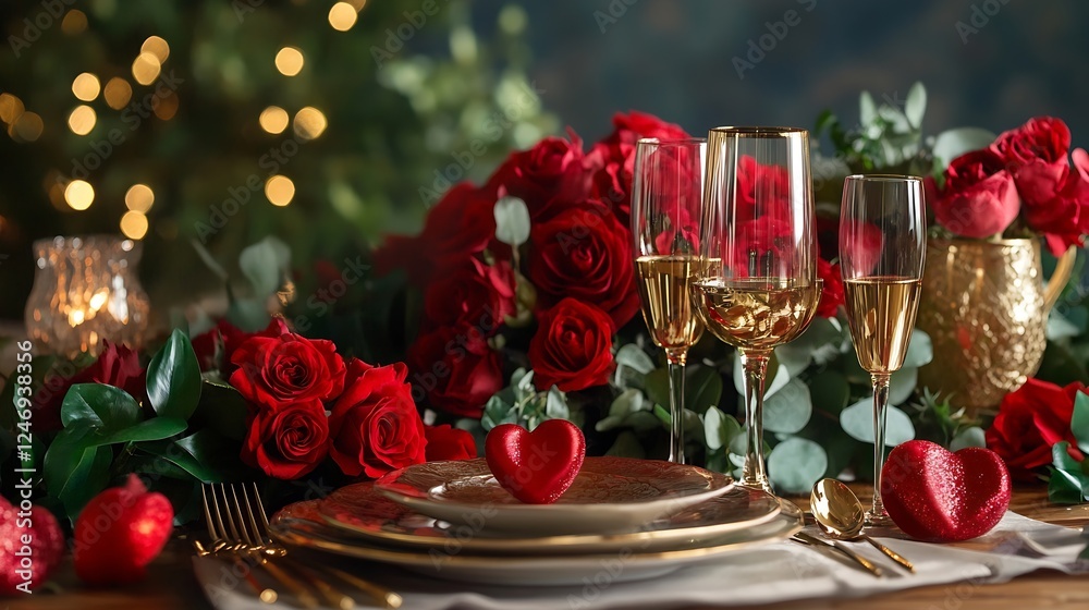 Romantic dinner setting with red roses and elegant glassware for a perfect Valentine's celebration : Generative AI Romantic dinner setting with red roses and elegant glassware for a perfect Valentine's celebration : Generative AI