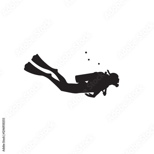 Silhouette vector illustration of a diver underwater with fins on a white background