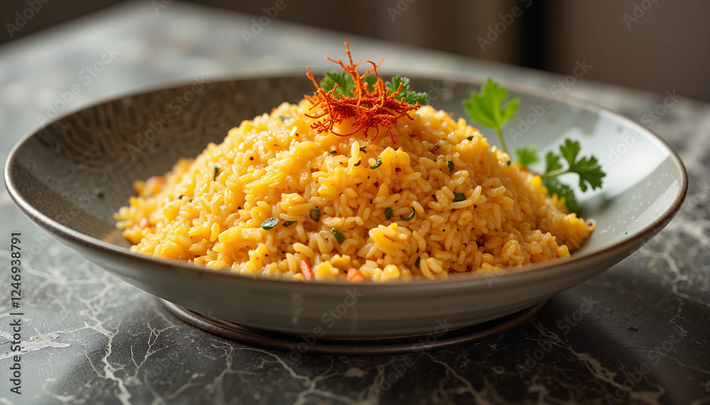 Saffron rice garnished with herbs in modern kitchen, culinary delight Saffron rice garnished with herbs in modern kitchen, culinary delight