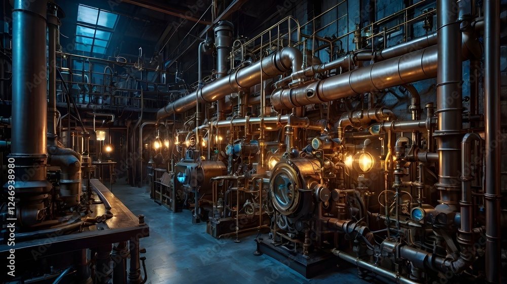 A complex steampunk contraption with brass gears, steam vents, glowing blue energy cores, and intricate pipes set in a Victorian-era laboratory A complex steampunk contraption with brass gears, steam vents, glowing blue energy cores, and intricate pipes set in a Victorian-era laboratory