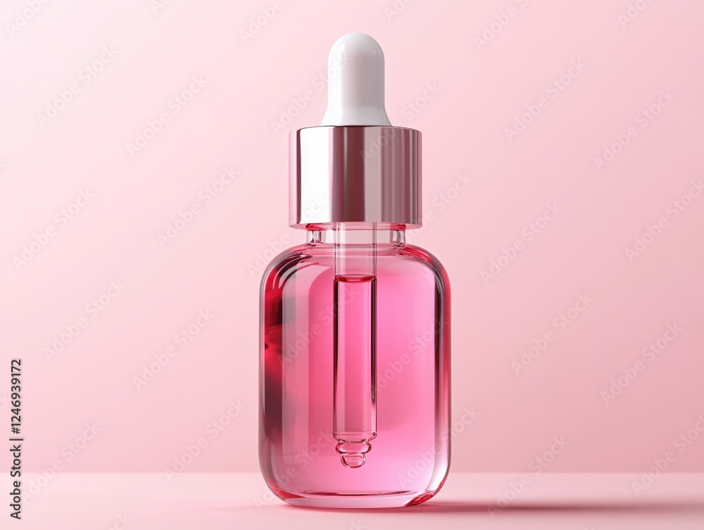 Pink serum bottle with dropper on a soft pink background for beauty and wellness product Pink serum bottle with dropper on a soft pink background for beauty and wellness product
