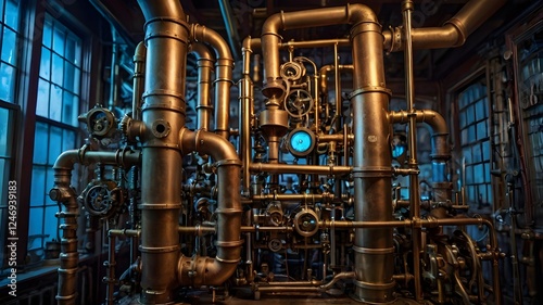A complex steampunk contraption with brass gears, steam vents, glowing blue energy cores, and intricate pipes set in a Victorian-era laboratory