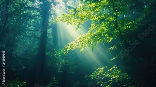 Sunlight filtering through lush green forest canopy in serene woodland