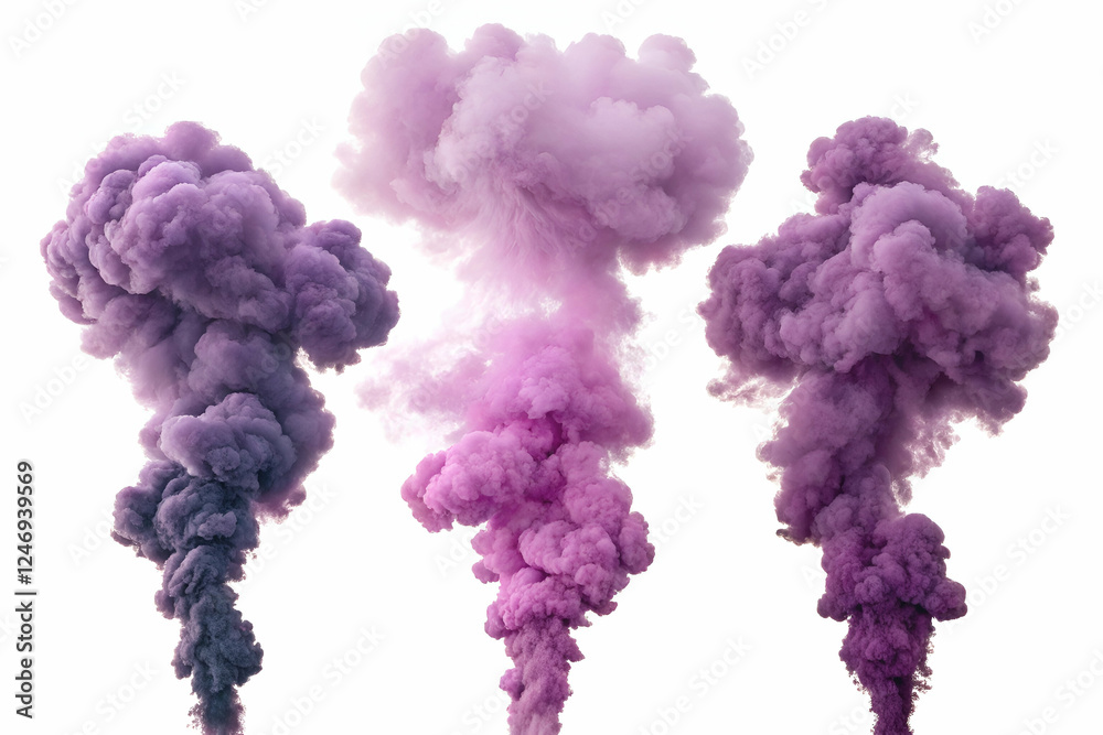 Fototapeta premium Three billowing clouds of purple smoke create a striking visual effect, showcasing shades ranging from light to dark in an artistic display.