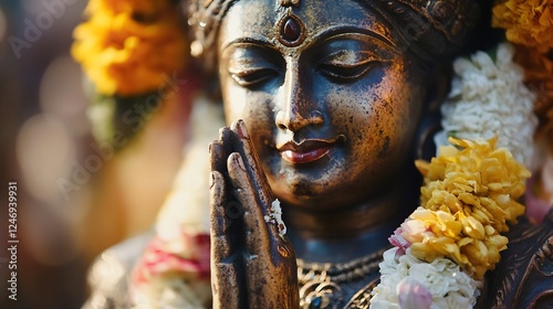 Intricately-Carved Hindu Goddess Statue with Prayer Pose and Floral Decorations : Generative AI photo