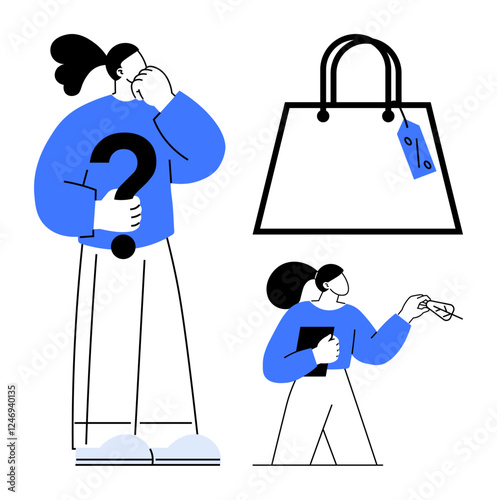 One person holds a question mark and another points at a price tag on a large shopping bag. Ideal for e-commerce, decision-making, consumer behavior, market analysis, online shopping, financial