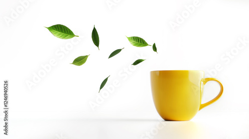 Banner yellow cup of tea with flying green tea leaves on white background. Tea industry concept.