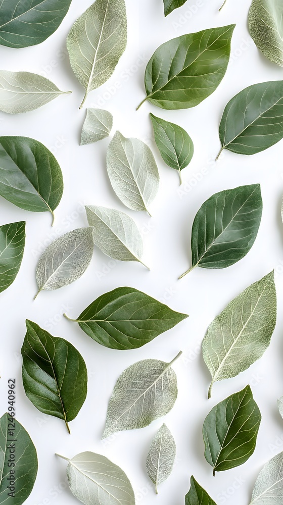 30. A stylized pattern of mixed dry and fresh green leaves, gracefully laid on white 30. A stylized pattern of mixed dry and fresh green leaves, gracefully laid on white