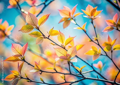Pastel Spring Leaves Swaying Gently on Branches Against a Blue Sky