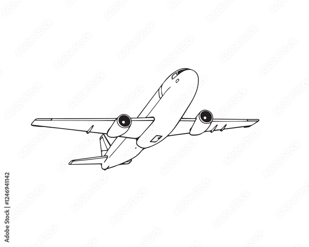 Fototapeta premium black and white line art Airplane illustration, clear background, vector