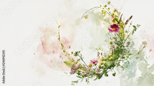 Minimalist Midsummer banner with a Nordic aesthetic. A delicate flower wreath elegantly placed above centered text. Soft pastel tones, subtle watercolor wildflowers, and a dreamy, airy composition.