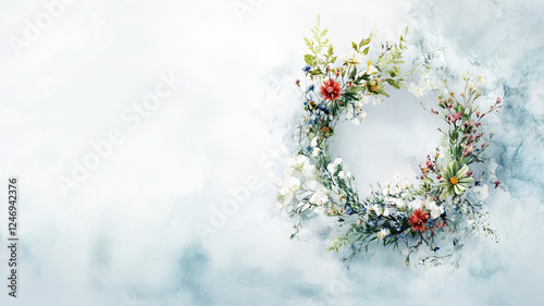 Minimalist Midsummer banner with a Nordic aesthetic. A delicate flower wreath elegantly placed above centered text. Soft pastel tones, subtle watercolor wildflowers, and a dreamy, airy composition.