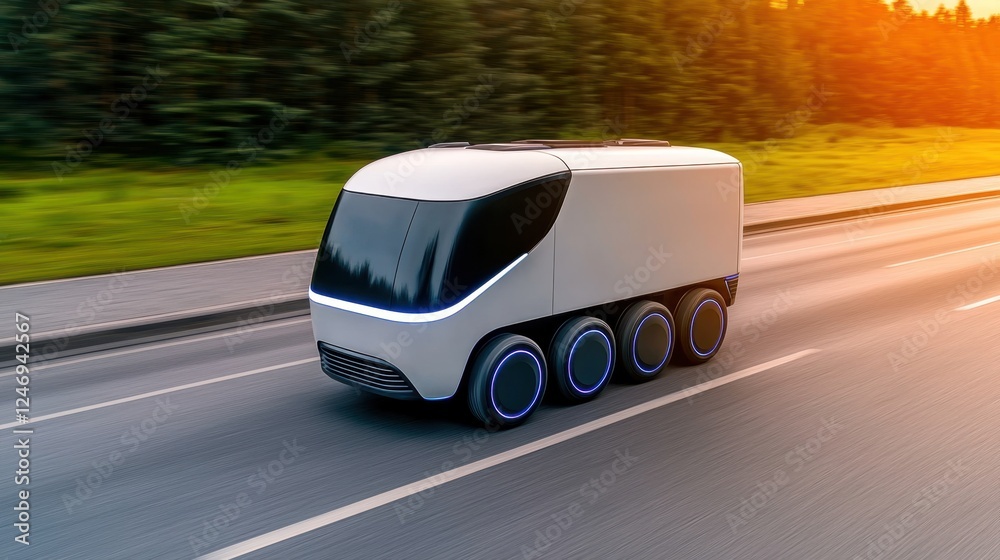 Fototapeta premium Autonomous Electric Delivery Truck Driving on a Scenic Highway at Sunset