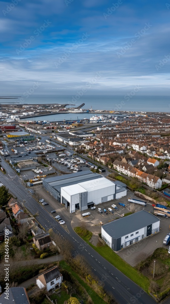 Fototapeta premium Aerial view of a coastal industrial area showcasing warehouses, residential neighborhoods, and harbor activities in a bustling seaside town during daytime