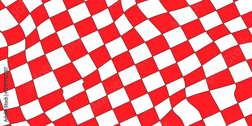 Red and white checkered pattern background vector presentation design. Chess design or race flag, black and white fabric cloth is waving. Wavy monochrome background. square checker tablecloth.