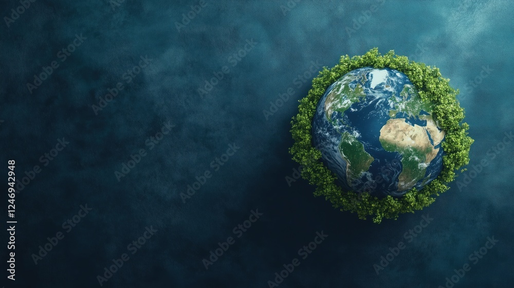 Earth surrounded by lush green forest against deep blue background Earth surrounded by lush green forest against deep blue background