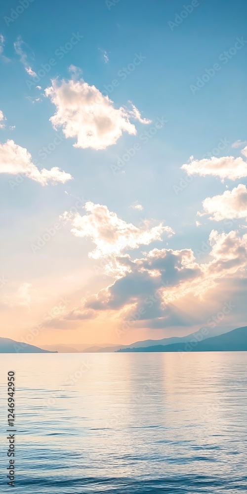 Fototapeta premium Peaceful ocean horizon with clear blue skies and soft clouds during serene sunset : Generative AI