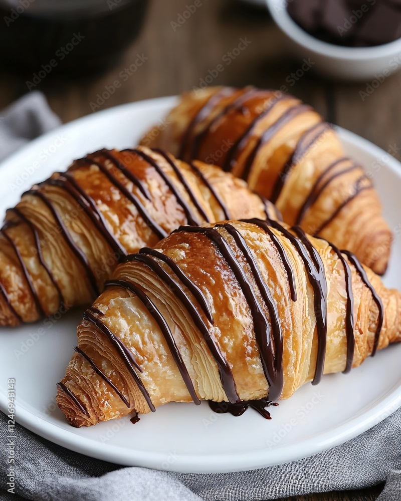 Three delicious croissants with chocolate drizzle on a white plate ready to be enjoyed Three delicious croissants with chocolate drizzle on a white plate ready to be enjoyed