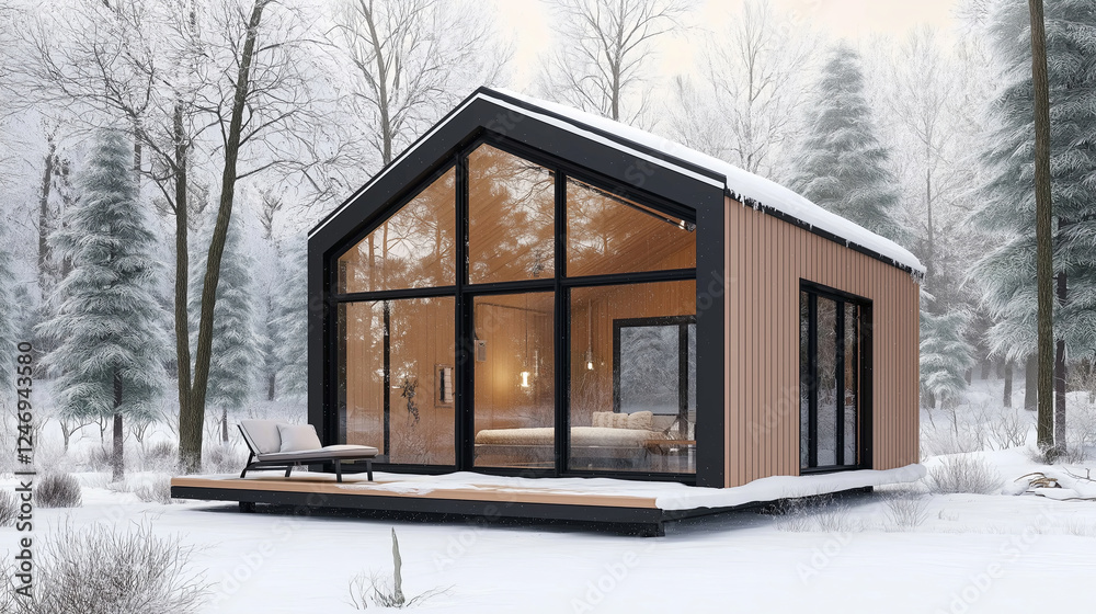 A tiny cabin in the woods, with large glass windows overlooking a snowy landscape A tiny cabin in the woods, with large glass windows overlooking a snowy landscape