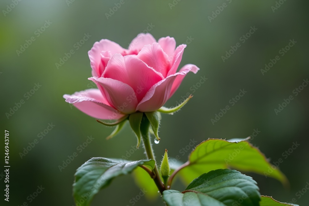 Vibrant pink rose in bloom against soft green background Vibrant pink rose in bloom against soft green background