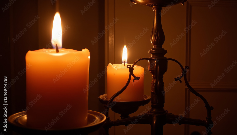 Warm glow of flickering candles creates a tranquil atmosphere in an intimate setting for relaxation and reflection Warm glow of flickering candles creates a tranquil atmosphere in an intimate setting for relaxation and reflection