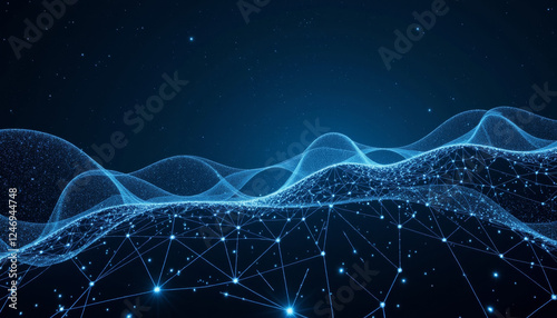 Waves of digital light create a mesmerizing abstract landscape of interconnected nodes and shimmering particles