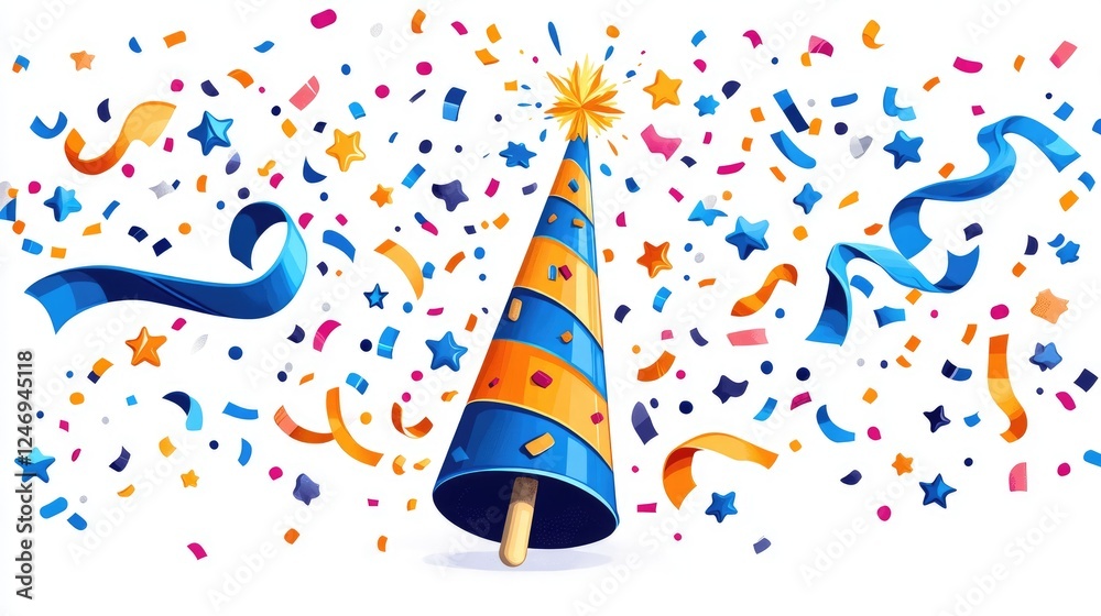A festive party hat surrounded by colorful confetti and ribbons, symbolizing celebration. A festive party hat surrounded by colorful confetti and ribbons, symbolizing celebration.