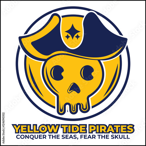 yellow tide pirates logo vector design with pirate skull in yellow and blue color. suitable for logo, icon, poster, advertisement, banner, company, t-shirt design, sticker, website.