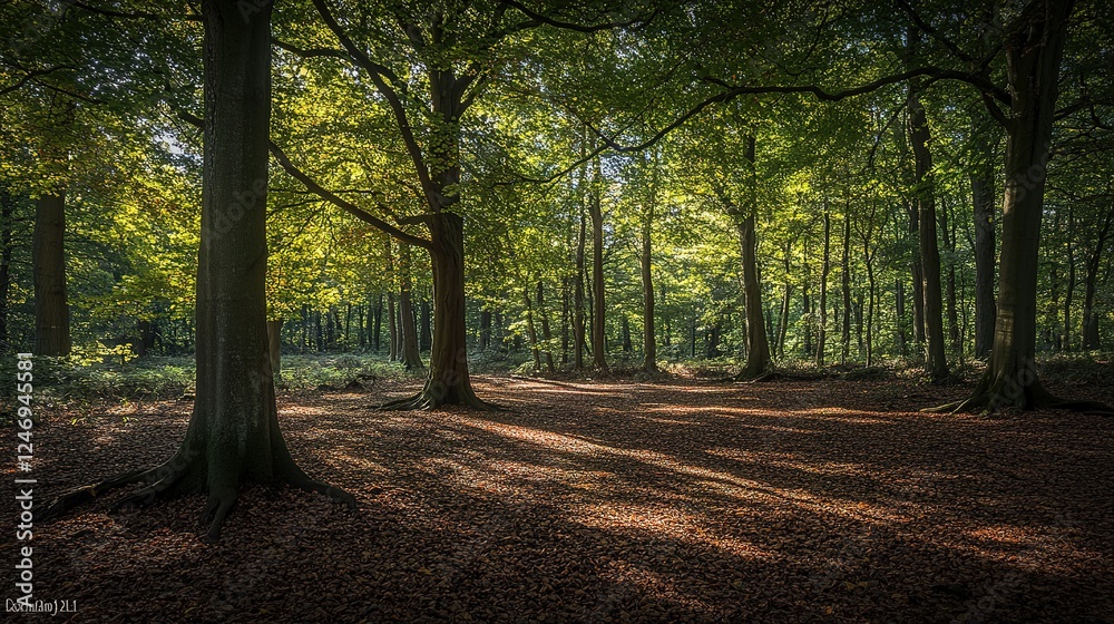 Naklejka premium Sunlit Forest Floor With Tall Trees And Leaf Litter