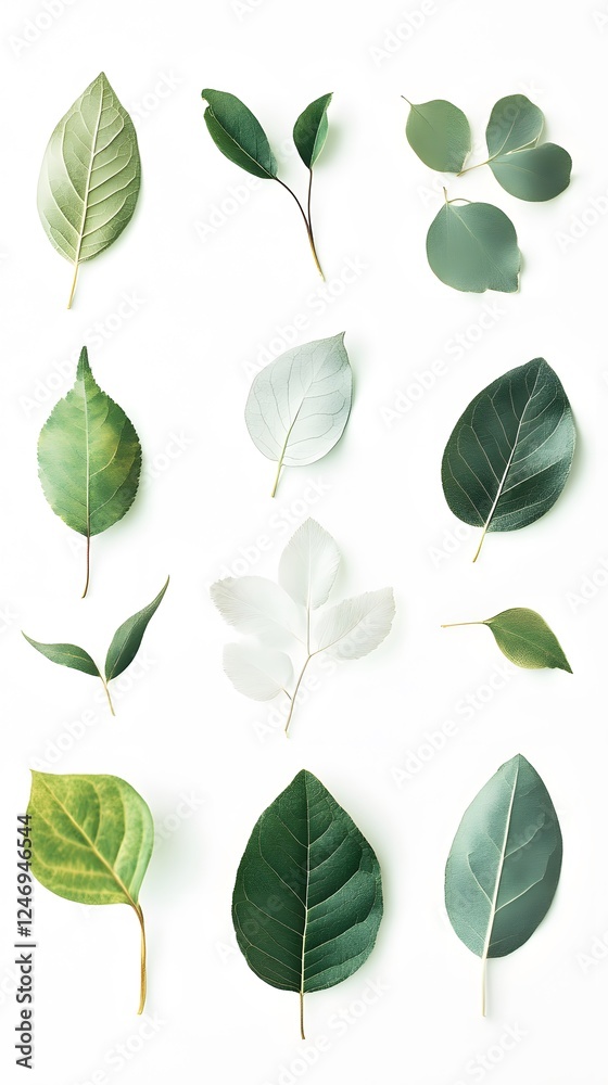 Naklejka premium 88. A clean and modern depiction of green and dry leaves placed softly on white