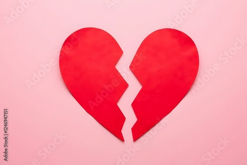 Broken red heart on pink background symbolizing heartbreak and sadness