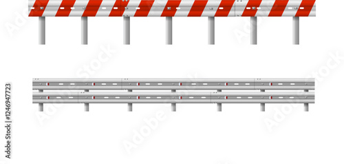 Metallic road barrier fence. 3d roadblock for safety on highway. Metallic road barrier fence. Vector