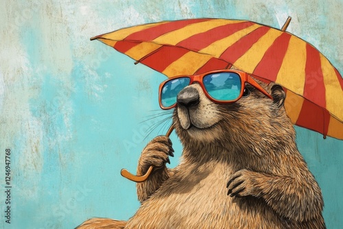 A whimsical illustration featuring a beaver character lounging on a beach, holding a straw umbrella, wearing sunglasses, and enjoying a lollipop, all under a clear blue sky