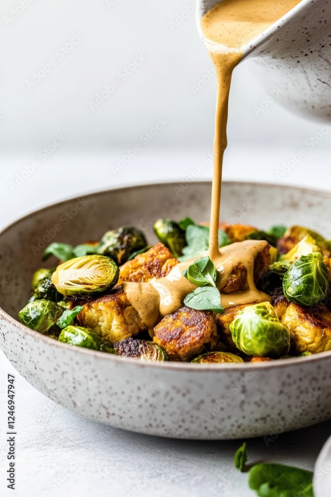 A close-up of roasted tempeh and Brussels sprouts in a rustic bowl, topped with a rich, creamy sauce being poured from a jug. A close-up of roasted tempeh and Brussels sprouts in a rustic bowl, topped with a rich, creamy sauce being poured from a jug.