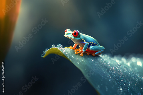 Red-eyed tree frog sitting on a leaf in the rainforest photo