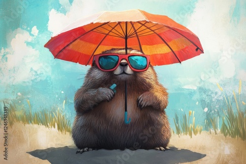 An animated character in anthropomorphic form, resembling a beaver, sits under a colorful umbrella on a sandy beach against a clear blue sky