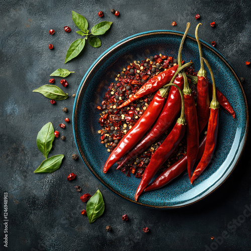 atmospheric gastronomic photography featuring bright red hot chili peppers laid out on a dark blue plate.  